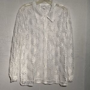 Sandrea White Floral Lace Sheer Button Front Blouse Long Sleeve Made USA